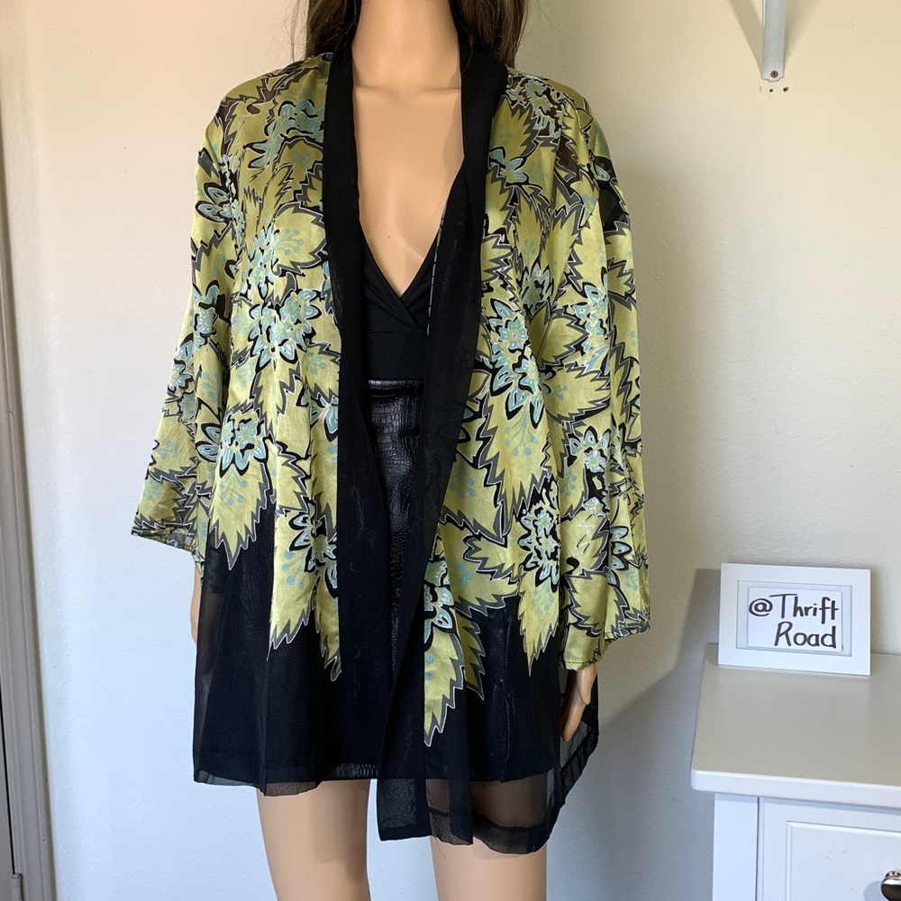 Boho Kimono Yellow Green Swimsuit Coverup Vintage Abstract Print Jacket Cardigan